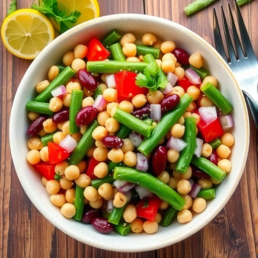 A colorful Three Bean Salad with kidney beans, chickpeas, green beans, and bell peppers in a bowl on a wooden table.